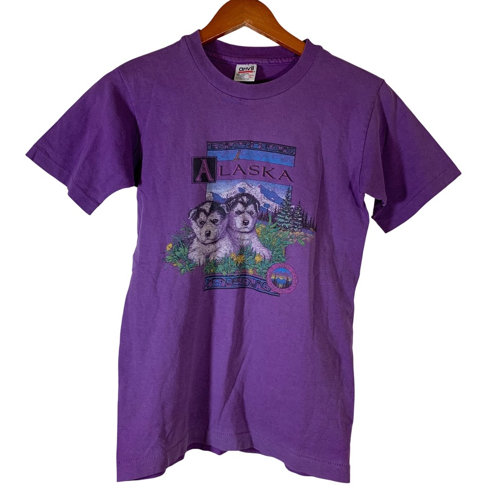 VTG Anvil Alaska Husky Puppies Purple T-Shirt Youth Large Single Stitch USA READ